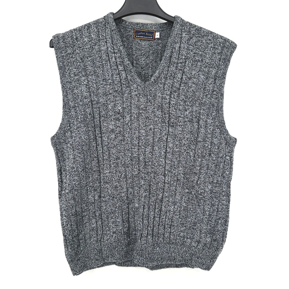 Vintage Comfort Knits Sweater Vest Men Large Grey Marled Vertical Knit Made USA